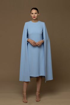 Oversized cape shape sleeves crepe dress - HerTrove