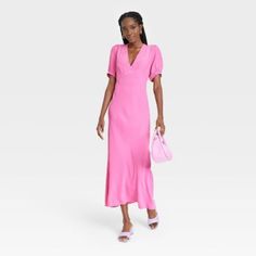 Enjoy Casual Outings In Cool, Comfy Style Wearing This Puff Short-Sleeve Dress From A New Day. The Midi Dress Is Crafted From Soft, Lightweight Material To Keep You Feeling Cool And Confident No Matter Where You Go. The Flattering V-Neckline And Side Zipper Closure Ensures Ease Of Wear, While Puff Sleeves Give You A Sleek Look. Simply Pair It With Your Favorite Style Of Footwear And Hoop Earrings To Complete Your Ensemble. Solid Color Puff Sleeve Dress For Spring, Solid Color Puff Sleeve Dress For Spring Brunch, Solid Puff Sleeve Dress For Spring Brunch, Spring Puff Sleeve Dress For Brunch, Trendy Puff Sleeve Dress For Brunch, Trendy Short Sleeve Puff Dress, Trendy Short Sleeve Puff Sleeve Dress, Pink Balloon Sleeve Daywear Dress, Pink Balloon Sleeve Dress For Daywear