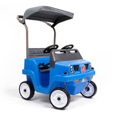 a blue toy golf cart on a white background