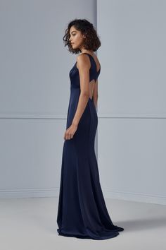 A refined V-neck and structured bust define the front of this fluid satin gown, but the back is the showstopper: Closures at the mid and low back create a diamond-shaped opening that’s chic but not showy. Shown in Navy. Amsale Bridesmaid, Amsale Dress, Satin Gown, Little White Dresses, Diamond Shaped, Low Back, Fabric Color, Bridal Gowns, Dress Length