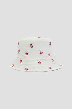 Canvas bucket hat. Rose embroidery One size | Ardene Rose Embroidery Bucket Hat Spring White Yarn Bucket Hat, Bucket Hat With Embroidery, Spring Embroidered Brimmed Bucket Hat, Bucket Hat Embroidery, White Hand-knitted Bucket Hat, White Bucket Hat Embroidery, Work Accessories, Hat Embroidery, Women Rising