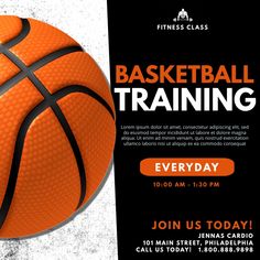 a poster for a basketball training event with an image of a basketball on the wall