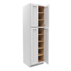 a tall white cabinet with shelves and doors on the front, in an open position