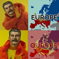 four different pictures with the words europe and two men in red coats, one holding his hands up to his face