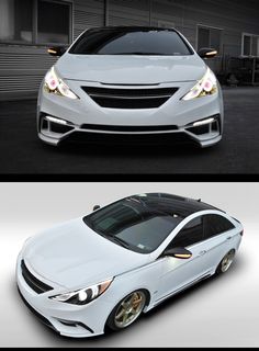 the front and side view of a white car in two different views, one with its lights on