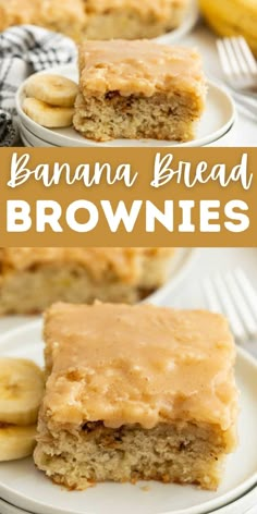 banana bread brownies on plates with bananas in the background