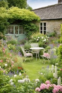 the garden is full of flowers and chairs