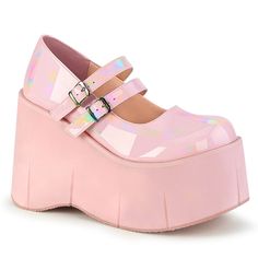 Kawaii Gorgeous Double Buckle Strap Bubblegum Pink Mary Janes With A Subtle Holographic Sheen! 4.5" Platform, Us Women's Sizing. Rainbow Factory, Pink Platform Shoes, Demonia Boots, Trajes Kylie Jenner, Digital Wardrobe, Alternative Shoes, Single Sole Heels, Zapatos Mary Jane, Demonia Shoes