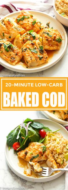 two white plates filled with baked goods and the words 20 minute low carb baked food