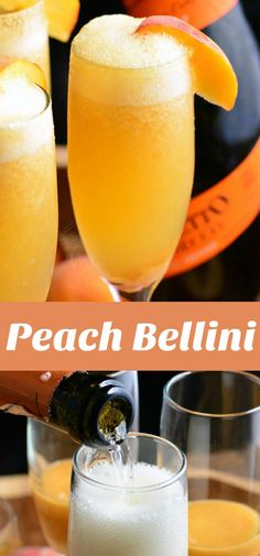 peach bellini with champagne being poured into glasses