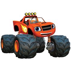 an orange monster truck with big wheels on it's front and back tires that say, character art must be used as appraied at not to model