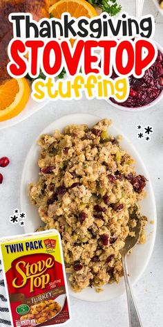 thanksgiving stovetop stuffing on a white plate next to oranges and cranberries