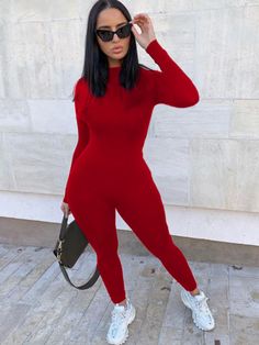 BASICS Round Neck Skinny Jumpsuit Casual Solid Bodysuit For Fall, Fitted Red Jumpsuits And Rompers, Trendy Solid Color Winter Bodysuit, Red Fitted Bodysuit For Winter, Fitted Red Bodysuit For Winter, Red High Stretch Long Sleeve Bodysuit, Red Stretch Jumpsuits And Rompers For Fall, Casual Long Sleeve Solid Color Bodysuit, Red Long Sleeve Bodysuit For Fall