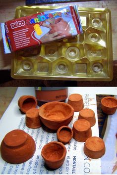 there are many clay bowls and spoons on the table next to an egg tray