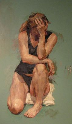 a painting of a woman in a bathing suit sitting on the ground with her hands to her face