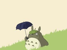 a cartoon character holding an umbrella over his head while laying in the grass on top of a hill