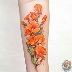 an orange flower tattoo on the right arm and leg, with watercolor flowers painted on it