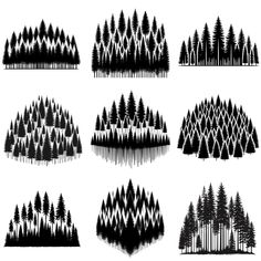 the silhouettes of different trees and bushes are drawn in black ink on white paper