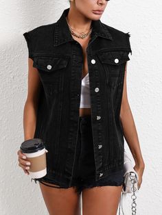 Black Casual Collar Sleeveless Denim Plain vest Embellished Non-Stretch  Women Clothing Sleeveless Denim Jacket, Sleeveless Jean Jackets, Womens Denim Vest, Vest Denim, Plain Vest, Jean Vest, Looks Black, Black Denim Jacket