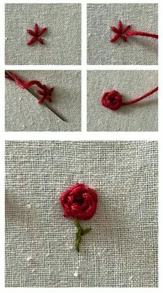 four images show how to make a rose with yarn and thread, including the stems