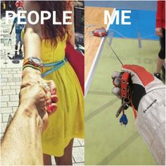 two pictures with people holding hands and one has a pair of pliers