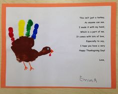 a child's handprinted thanksgiving card with a turkey on it and the words, happy thanksgiving day