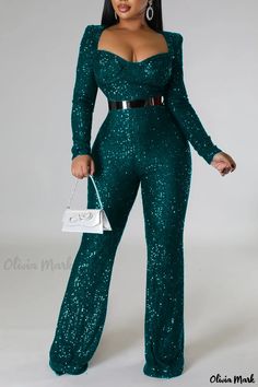 Olivia Mark - Stylish Womens Black Sequined Patchwork Jumpsuit with Square Neckline and Belt-free Fit. Club Romper, Patchwork Jumpsuit, Collar Jumpsuit, Sequin Jumpsuit, Green Jumpsuit, Jumpsuits And Romper, Red Sequin, Long Jumpsuits, Jumpsuit Fashion