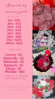 a pink flyer with pictures of flowers and other items for sale on the bottom right hand corner