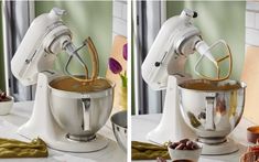 two pictures of the same mixer being used to make food