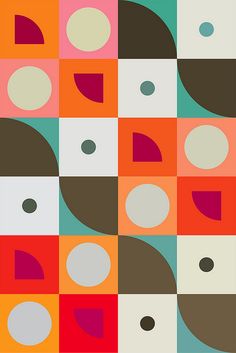 an abstract pattern with circles and squares in different colors, including oranges, pinks,