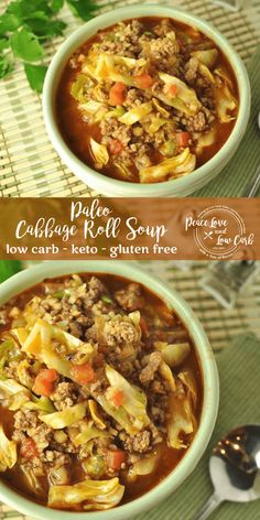 two bowls of cabbage roll soup on a place mat with spoons next to it