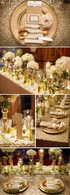 the table is set with gold plates and silverware