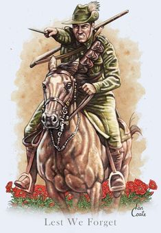 a man riding on the back of a brown horse next to a red rose covered field