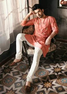 Peach Kurta – Sadaf Fawad Khan Mens Indian Wear, Wedding Dresses Men, Kurta Pants, Fawad Khan