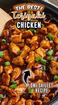 the best teriyaki chicken recipe is in a skillet with a wooden spoon