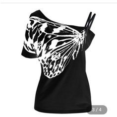 Off Shoulder...Lot Buy As Is Black Printed Summer Tops, Fitted Black Top With Butterfly Print, Casual Black Tops With Butterfly Print, Casual Black Top With Butterfly Print, Black Tops With Butterfly Print For Spring, Ladies T Shirts, Women Tees, Harajuku Outfits, Ruffles Fashion