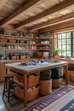 a kitchen with lots of baskets on the counter