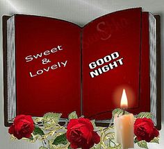 an open book with candles and roses in front of it, reading sweet & lovely good night