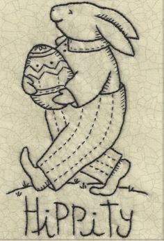 a drawing of a rabbit holding an egg in its lap with the words happy written on it