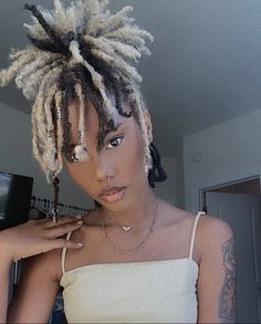 Dyed Locs Blonde And Black, Locs With White Tips, Dyed Locs Styles, Different Loc Colors, Platinum Blonde Hair Locs, Pastel Locs Black Women, Dyed Dreads Women, Skunk Stripe With Locs, Silver Locs Black Women