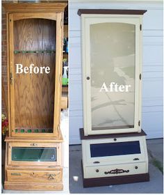 before and after photos of an old china cabinet with glass doors, the bottom half is painted white