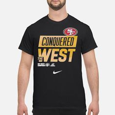 a man wearing a black t - shirt with the words conquer west on it