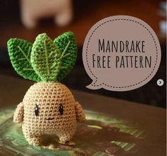 a small crocheted broccoli with a speech bubble saying, mandrake free pattern