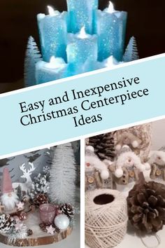 christmas centerpieces with candles, pine cones and snowflakes are featured in this collage