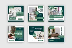 four different green and white brochures with furniture on the front, one in the middle