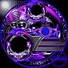 an abstract purple and black background with circles, speakers, and other items in the center