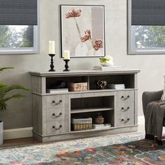 a living room scene with focus on the sideboard and chair, window blinds and rug