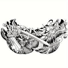 a black and white drawing of a dragon with two swords in it's mouth