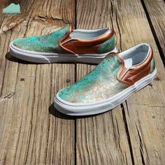 Custom Patina Vans by GourmetKickz Clothes Painting, Leather Vans, Cowgirl Accessories, Sneaker Tee, Vans Slip On, Custom Vans, Diy Shoes