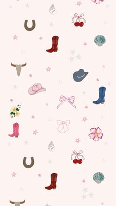 a pink background with different types of hats and boots on it's side,